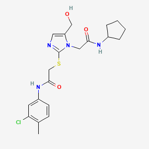 molecular formula C20H25ClN4O3S B2746108 N-(3-chloro-4-methylphenyl)-2-({1-[(cyclopentylcarbamoyl)methyl]-5-(hydroxymethyl)-1H-imidazol-2-yl}sulfanyl)acetamide CAS No. 923201-12-1