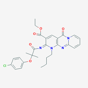 molecular formula C28H29ClN4O5 B2746297 ethyl 7-butyl-6-[2-(4-chlorophenoxy)-2-methylpropanoyl]imino-2-oxo-1,7,9-triazatricyclo[8.4.0.03,8]tetradeca-3(8),4,9,11,13-pentaene-5-carboxylate CAS No. 685859-83-0