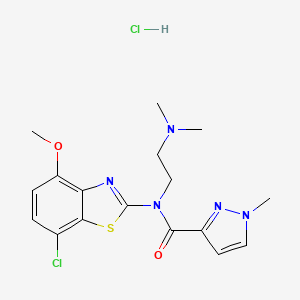 molecular formula C17H21Cl2N5O2S B2746392 N-(7-chloro-4-methoxy-1,3-benzothiazol-2-yl)-N-[2-(dimethylamino)ethyl]-1-methyl-1H-pyrazole-3-carboxamide hydrochloride CAS No. 1185142-49-7