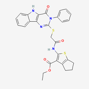 molecular formula C28H24N4O4S2 B2746394 ethyl 2-[2-({4-oxo-3-phenyl-3H,4H,5H-pyrimido[5,4-b]indol-2-yl}sulfanyl)acetamido]-4H,5H,6H-cyclopenta[b]thiophene-3-carboxylate CAS No. 536703-81-8