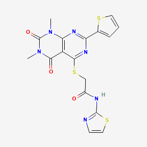 molecular formula C17H14N6O3S3 B2746437 2-((6,8-dimethyl-5,7-dioxo-2-(thiophen-2-yl)-5,6,7,8-tetrahydropyrimido[4,5-d]pyrimidin-4-yl)thio)-N-(thiazol-2-yl)acetamide CAS No. 847192-03-4
