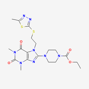 molecular formula C19H26N8O4S2 B2746448 ethyl 4-(1,3-dimethyl-7-{2-[(5-methyl-1,3,4-thiadiazol-2-yl)sulfanyl]ethyl}-2,6-dioxo-2,3,6,7-tetrahydro-1H-purin-8-yl)piperazine-1-carboxylate CAS No. 674294-37-2