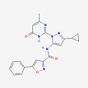 molecular formula C21H18N6O3 B2746655 N-(3-cyclopropyl-1-(4-methyl-6-oxo-1,6-dihydropyrimidin-2-yl)-1H-pyrazol-5-yl)-5-phenylisoxazole-3-carboxamide CAS No. 1207053-21-1