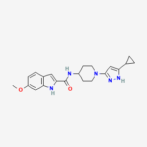 molecular formula C21H25N5O2 B2746771 N-[1-(5-cyclopropyl-1H-pyrazol-3-yl)piperidin-4-yl]-6-methoxy-1H-indole-2-carboxamide CAS No. 1902893-12-2