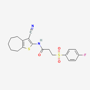 molecular formula C19H19FN2O3S2 B2746786 N-(3-cyano-5,6,7,8-tetrahydro-4H-cyclohepta[b]thiophen-2-yl)-3-((4-fluorophenyl)sulfonyl)propanamide CAS No. 895475-73-7
