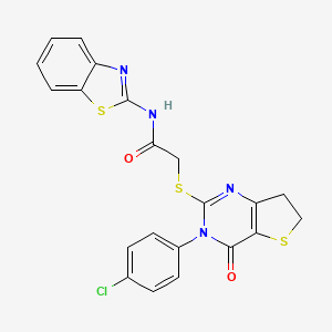 molecular formula C21H15ClN4O2S3 B2746855 N-(1,3-benzothiazol-2-yl)-2-{[3-(4-chlorophenyl)-4-oxo-3H,4H,6H,7H-thieno[3,2-d]pyrimidin-2-yl]sulfanyl}acetamide CAS No. 687563-88-8