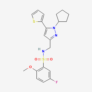 molecular formula C20H22FN3O3S2 B2746878 N-((1-cyclopentyl-5-(thiophen-2-yl)-1H-pyrazol-3-yl)methyl)-5-fluoro-2-methoxybenzenesulfonamide CAS No. 1421530-54-2