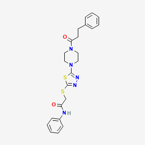 molecular formula C23H25N5O2S2 B2747017 N-phenyl-2-((5-(4-(3-phenylpropanoyl)piperazin-1-yl)-1,3,4-thiadiazol-2-yl)thio)acetamide CAS No. 1105225-82-8