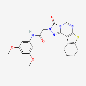 molecular formula C21H21N5O4S B2747042 N-(3,5-dimethoxyphenyl)-2-{5-oxo-10-thia-3,4,6,8-tetraazatetracyclo[7.7.0.0^{2,6}.0^{11,16}]hexadeca-1(9),2,7,11(16)-tetraen-4-yl}acetamide CAS No. 1358016-61-1