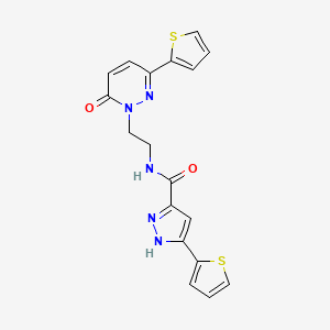 molecular formula C18H15N5O2S2 B2747644 N-(2-(6-oxo-3-(thiophen-2-yl)pyridazin-1(6H)-yl)ethyl)-3-(thiophen-2-yl)-1H-pyrazole-5-carboxamide CAS No. 1296272-77-9