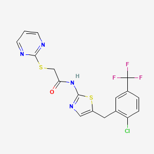 molecular formula C17H12ClF3N4OS2 B2747758 N-(5-{[2-CHLORO-5-(TRIFLUOROMETHYL)PHENYL]METHYL}-1,3-THIAZOL-2-YL)-2-(PYRIMIDIN-2-YLSULFANYL)ACETAMIDE CAS No. 708997-60-8