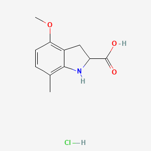 molecular formula C11H14ClNO3 B2748208 4-Methoxy-7-methyl-2,3-dihydro-1H-indole-2-carboxylic acid;hydrochloride CAS No. 2287263-30-1