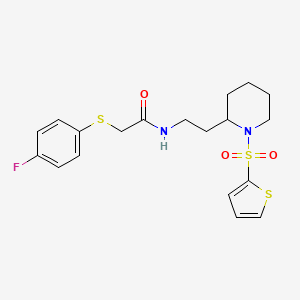 molecular formula C19H23FN2O3S3 B2748305 2-((4-fluorophenyl)thio)-N-(2-(1-(thiophen-2-ylsulfonyl)piperidin-2-yl)ethyl)acetamide CAS No. 1210370-93-6