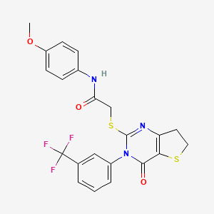 molecular formula C22H18F3N3O3S2 B2748540 N-(4-methoxyphenyl)-2-((4-oxo-3-(3-(trifluoromethyl)phenyl)-3,4,6,7-tetrahydrothieno[3,2-d]pyrimidin-2-yl)thio)acetamide CAS No. 877654-22-3