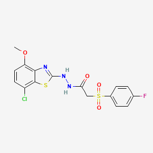molecular formula C16H13ClFN3O4S2 B2748578 N'-(7-chloro-4-methoxy-1,3-benzothiazol-2-yl)-2-(4-fluorobenzenesulfonyl)acetohydrazide CAS No. 922621-12-3