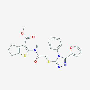 molecular formula C23H20N4O4S2 B274911 methyl 2-[[2-[[5-(furan-2-yl)-4-phenyl-1,2,4-triazol-3-yl]sulfanyl]acetyl]amino]-5,6-dihydro-4H-cyclopenta[b]thiophene-3-carboxylate 
