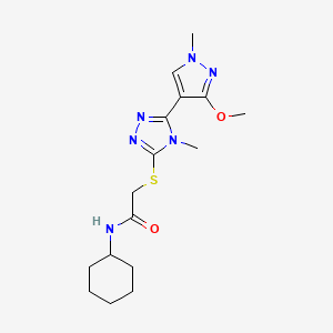 molecular formula C16H24N6O2S B2749237 N-cyclohexyl-2-((5-(3-methoxy-1-methyl-1H-pyrazol-4-yl)-4-methyl-4H-1,2,4-triazol-3-yl)thio)acetamide CAS No. 1014054-05-7