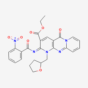 molecular formula C26H23N5O7 B2749362 ethyl 6-(2-nitrobenzoyl)imino-2-oxo-7-(oxolan-2-ylmethyl)-1,7,9-triazatricyclo[8.4.0.03,8]tetradeca-3(8),4,9,11,13-pentaene-5-carboxylate CAS No. 534580-56-8
