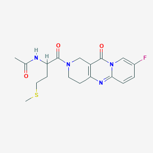 molecular formula C18H21FN4O3S B2749375 N-[1-(13-fluoro-2-oxo-1,5,9-triazatricyclo[8.4.0.03,8]tetradeca-3(8),9,11,13-tetraen-5-yl)-4-methylsulfanyl-1-oxobutan-2-yl]acetamide CAS No. 2034201-89-1