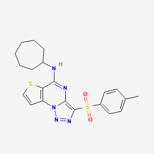 molecular formula C21H23N5O2S2 B2749451 N-cycloheptyl-10-(4-methylbenzenesulfonyl)-5-thia-1,8,11,12-tetraazatricyclo[7.3.0.0^{2,6}]dodeca-2(6),3,7,9,11-pentaen-7-amine CAS No. 892732-23-9