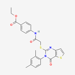 molecular formula C25H23N3O4S2 B2749491 ethyl 4-(2-{[3-(2,4-dimethylphenyl)-4-oxo-3H,4H-thieno[3,2-d]pyrimidin-2-yl]sulfanyl}acetamido)benzoate CAS No. 1260930-46-8