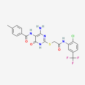 molecular formula C21H17ClF3N5O3S B2749740 N-(4-amino-2-((2-((2-chloro-5-(trifluoromethyl)phenyl)amino)-2-oxoethyl)thio)-6-oxo-1,6-dihydropyrimidin-5-yl)-4-methylbenzamide CAS No. 888429-07-0