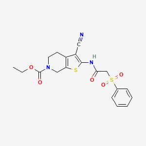 molecular formula C19H19N3O5S2 B2749904 ethyl 2-[2-(benzenesulfonyl)acetamido]-3-cyano-4H,5H,6H,7H-thieno[2,3-c]pyridine-6-carboxylate CAS No. 895462-05-2