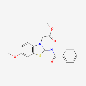 molecular formula C18H16N2O4S B2750151 methyl 2-[(2Z)-2-(benzoylimino)-6-methoxy-2,3-dihydro-1,3-benzothiazol-3-yl]acetate CAS No. 865199-60-6