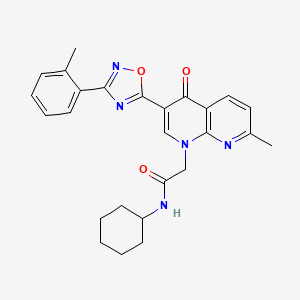 molecular formula C26H27N5O3 B2750163 N-cyclohexyl-2-{7-methyl-3-[3-(2-methylphenyl)-1,2,4-oxadiazol-5-yl]-4-oxo-1,4-dihydro-1,8-naphthyridin-1-yl}acetamide CAS No. 1032001-52-7