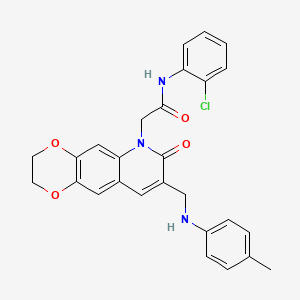molecular formula C27H24ClN3O4 B2750511 N-(2-chlorophenyl)-2-(8-{[(4-methylphenyl)amino]methyl}-7-oxo-2H,3H,6H,7H-[1,4]dioxino[2,3-g]quinolin-6-yl)acetamide CAS No. 894554-05-3