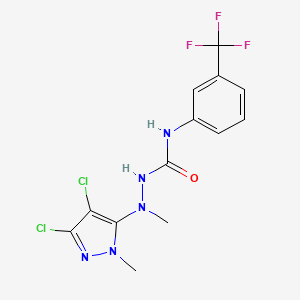 molecular formula C13H12Cl2F3N5O B2750757 2-(3,4-dichloro-1-methyl-1H-pyrazol-5-yl)-2-methyl-N-[3-(trifluoromethyl)phenyl]-1-hydrazinecarboxamide CAS No. 318284-28-5