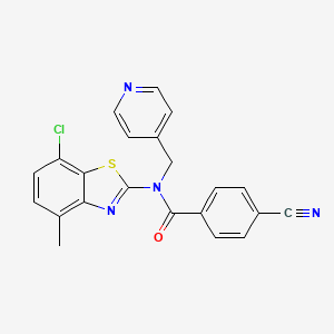 molecular formula C22H15ClN4OS B2750781 N-(7-chloro-4-methyl-1,3-benzothiazol-2-yl)-4-cyano-N-[(pyridin-4-yl)methyl]benzamide CAS No. 941994-57-6