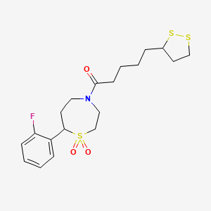 molecular formula C19H26FNO3S3 B2750969 5-(1,2-Dithiolan-3-yl)-1-(7-(2-fluorophenyl)-1,1-dioxido-1,4-thiazepan-4-yl)pentan-1-one CAS No. 2034458-46-1