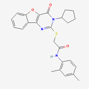 molecular formula C25H25N3O3S B2751237 2-[(3-cyclopentyl-4-oxo-3,4-dihydro[1]benzofuro[3,2-d]pyrimidin-2-yl)sulfanyl]-N-(2,4-dimethylphenyl)acetamide CAS No. 899986-26-6