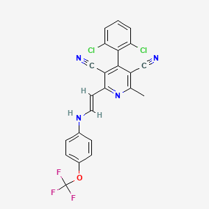 molecular formula C23H13Cl2F3N4O B2751314 4-(2,6-Dichlorophenyl)-2-methyl-6-{2-[4-(trifluoromethoxy)anilino]vinyl}-3,5-pyridinedicarbonitrile CAS No. 303148-23-4