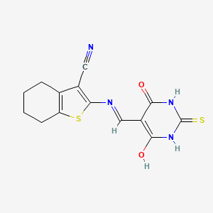 molecular formula C14H12N4O2S2 B2751317 2-(((4,6-dioxo-2-thioxotetrahydropyrimidin-5(2H)-ylidene)methyl)amino)-4,5,6,7-tetrahydrobenzo[b]thiophene-3-carbonitrile CAS No. 532430-75-4