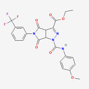 molecular formula C23H19F3N4O6 B2751382 Ethyl 1-[(4-methoxyanilino)carbonyl]-4,6-dioxo-5-[3-(trifluoromethyl)phenyl]-1,3a,4,5,6,6a-hexahydropyrrolo[3,4-c]pyrazole-3-carboxylate CAS No. 318237-90-0