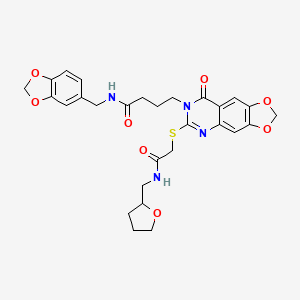 molecular formula C28H30N4O8S B2751743 N-[(2H-1,3-benzodioxol-5-yl)methyl]-4-{8-oxo-6-[({[(oxolan-2-yl)methyl]carbamoyl}methyl)sulfanyl]-2H,7H,8H-[1,3]dioxolo[4,5-g]quinazolin-7-yl}butanamide CAS No. 688060-26-6