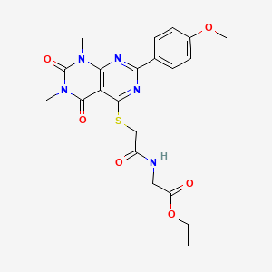 molecular formula C21H23N5O6S B2751933 Ethyl 2-(2-((2-(4-methoxyphenyl)-6,8-dimethyl-5,7-dioxo-5,6,7,8-tetrahydropyrimido[4,5-d]pyrimidin-4-yl)thio)acetamido)acetate CAS No. 852168-81-1