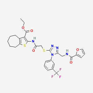 molecular formula C29H28F3N5O5S2 B2751993 ETHYL 2-{2-[(5-{[(FURAN-2-YL)FORMAMIDO]METHYL}-4-[3-(TRIFLUOROMETHYL)PHENYL]-4H-1,2,4-TRIAZOL-3-YL)SULFANYL]ACETAMIDO}-4H,5H,6H,7H,8H-CYCLOHEPTA[B]THIOPHENE-3-CARBOXYLATE CAS No. 393806-62-7