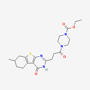 molecular formula C21H28N4O4S B2752152 ETHYL 4-[3-(7-METHYL-4-OXO-3,4,5,6,7,8-HEXAHYDRO[1]BENZOTHIENO[2,3-D]PYRIMIDIN-2-YL)PROPANOYL]TETRAHYDRO-1(2H)-PYRAZINECARBOXYLATE CAS No. 1019161-09-1