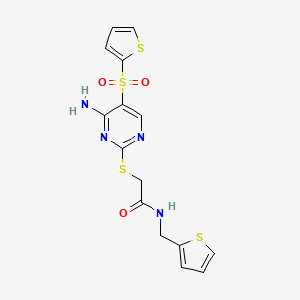 molecular formula C15H14N4O3S4 B2752252 2-{[4-amino-5-(thiophene-2-sulfonyl)pyrimidin-2-yl]sulfanyl}-N-[(thiophen-2-yl)methyl]acetamide CAS No. 1242969-04-5