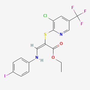 molecular formula C17H13ClF3IN2O2S B2752379 ethyl (2E)-2-{[3-chloro-5-(trifluoromethyl)pyridin-2-yl]sulfanyl}-3-[(4-iodophenyl)amino]prop-2-enoate CAS No. 338966-83-9