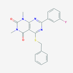 molecular formula C21H17FN4O2S B2752530 5-Benzylsulfanyl-7-(3-fluorophenyl)-1,3-dimethylpyrimido[4,5-d]pyrimidine-2,4-dione CAS No. 872854-57-4