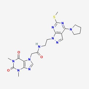 molecular formula C21H26N10O3S B2752612 2-(1,3-dimethyl-2,6-dioxo-2,3-dihydro-1H-purin-7(6H)-yl)-N-(2-(6-(methylthio)-4-(pyrrolidin-1-yl)-1H-pyrazolo[3,4-d]pyrimidin-1-yl)ethyl)acetamide CAS No. 1207051-62-4