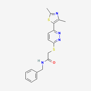 molecular formula C18H18N4OS2 B2752986 N-benzyl-2-{[6-(2,4-dimethyl-1,3-thiazol-5-yl)pyridazin-3-yl]sulfanyl}acetamide CAS No. 894008-21-0