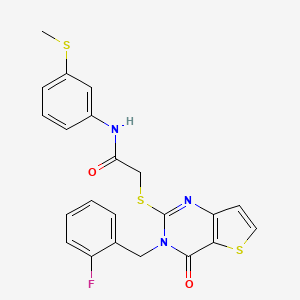 molecular formula C22H18FN3O2S3 B2753001 2-({3-[(2-fluorophenyl)methyl]-4-oxo-3H,4H-thieno[3,2-d]pyrimidin-2-yl}sulfanyl)-N-[3-(methylsulfanyl)phenyl]acetamide CAS No. 1252822-54-0