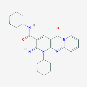 molecular formula C24H29N5O2 B2753251 N,7-dicyclohexyl-6-imino-2-oxo-1,7,9-triazatricyclo[8.4.0.03,8]tetradeca-3(8),4,9,11,13-pentaene-5-carboxamide CAS No. 618078-04-9