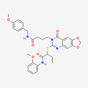 molecular formula C32H34N4O7S B2753256 N-(2-methoxyphenyl)-2-{[7-(3-{[(4-methoxyphenyl)methyl]carbamoyl}propyl)-8-oxo-2H,7H,8H-[1,3]dioxolo[4,5-g]quinazolin-6-yl]sulfanyl}butanamide CAS No. 688060-17-5