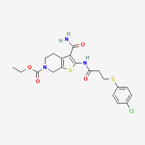 molecular formula C20H22ClN3O4S2 B2753423 ethyl 3-carbamoyl-2-(3-((4-chlorophenyl)thio)propanamido)-4,5-dihydrothieno[2,3-c]pyridine-6(7H)-carboxylate CAS No. 895478-85-0